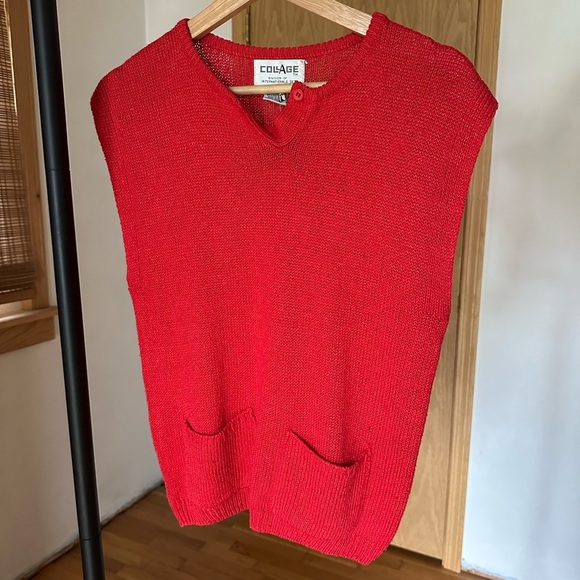 Collage Cropped Sleeve Vest Redish/Pink Color Small Silk Linen Blend Vintage - Picture 2 of 4